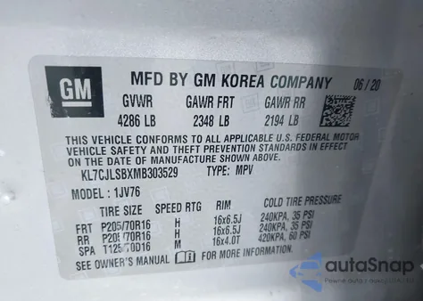 2021 Chevrolet Trax Fwd Lt из США, поврежденный, VIN KL7CJLSBXMB303529